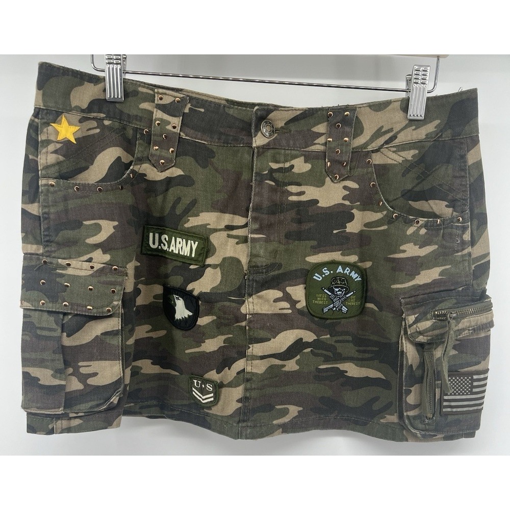 Vtg Y2K Zoey Beth US Army Themed Cargo Skirt Camouflage Large Stretch 35 14" L